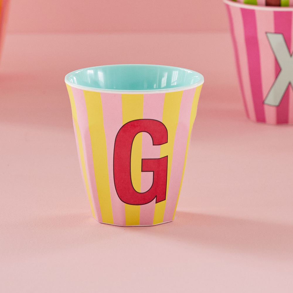 Rice Melamine Cup Medium 'Letter G' Multicolor Stripes Mint