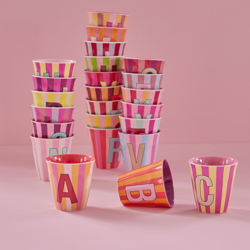 Rice Melamine Cup Medium 'Letter G' Multicolor Stripes Mint