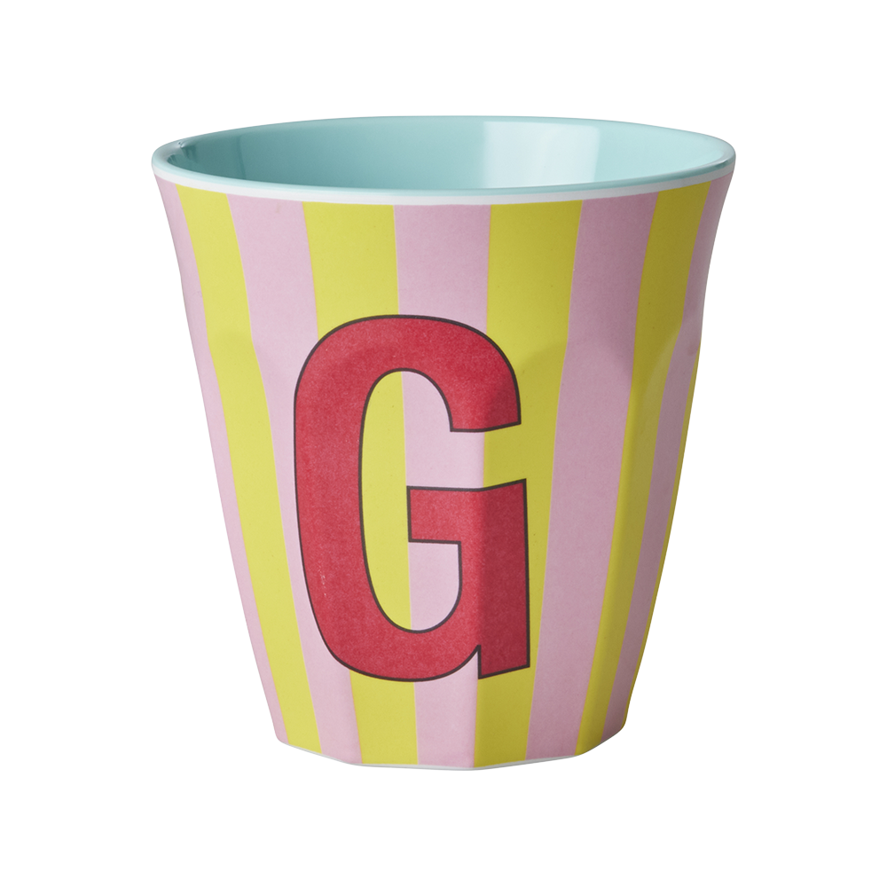 Rice Melamine Cup Medium 'Letter G' Multicolor Stripes Mint