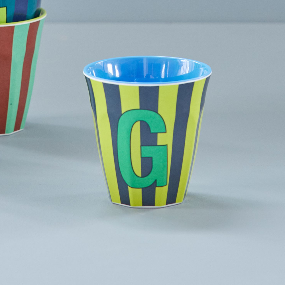 Rice Melamine Cup Medium 'Letter G' Multicolor Stripes Blue