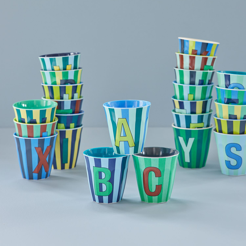 Rice Melamine Cup Medium 'Letter G' Multicolor Stripes Blue