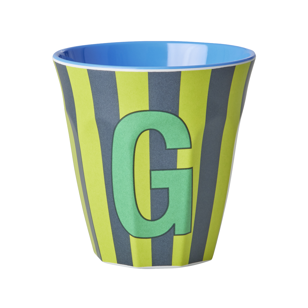 Rice Melamine Cup Medium 'Letter G' Multicolor Stripes Blue