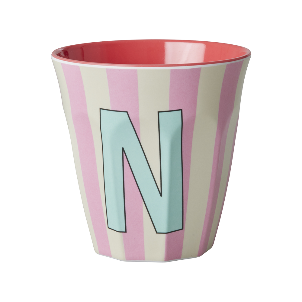 Rice gobelet en mélamine moyen « Lettre N » rayures multicolores roses