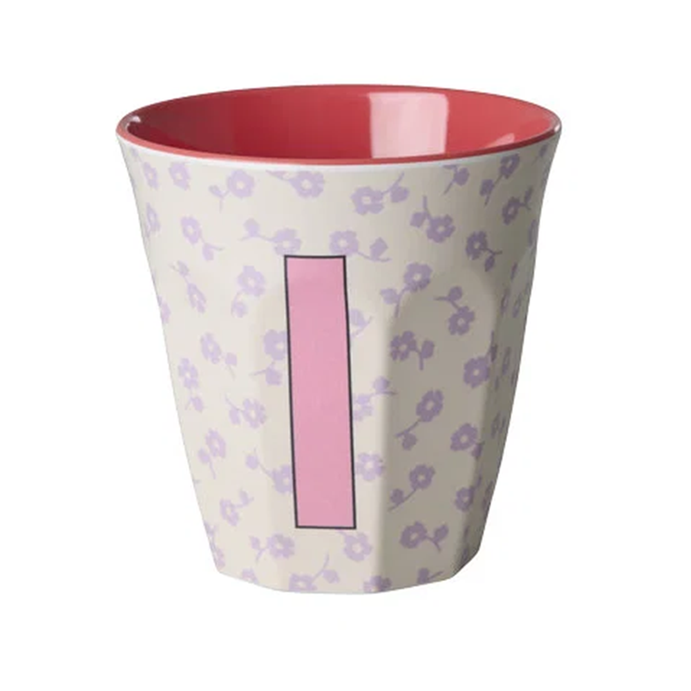 Rice Melamine Cup Medium 'Letter I' Flowers Cream