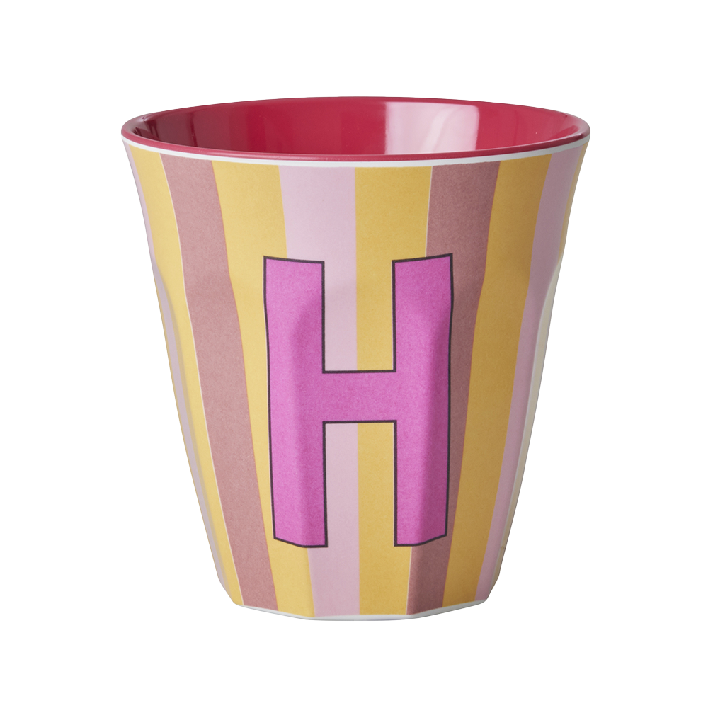Rice Melamine Medium Cup 'Letter H' Multicolor Stripes Pink