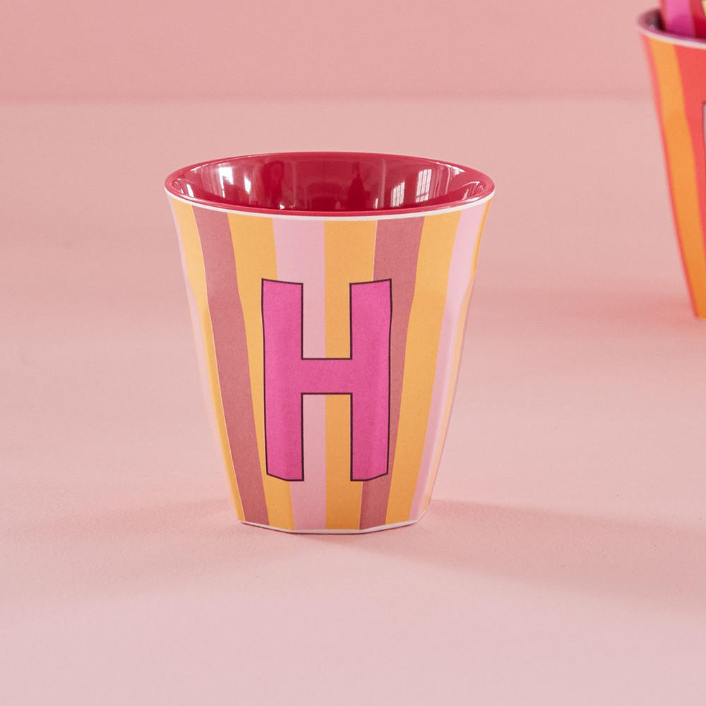 Rice Melamine Medium Cup 'Letter H' Multicolor Stripes Pink