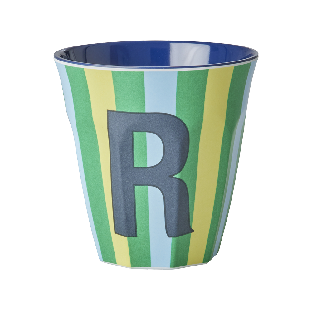 Rice Gobelet en mélamine moyen 'Lettre R' Rayures multicolores bleues