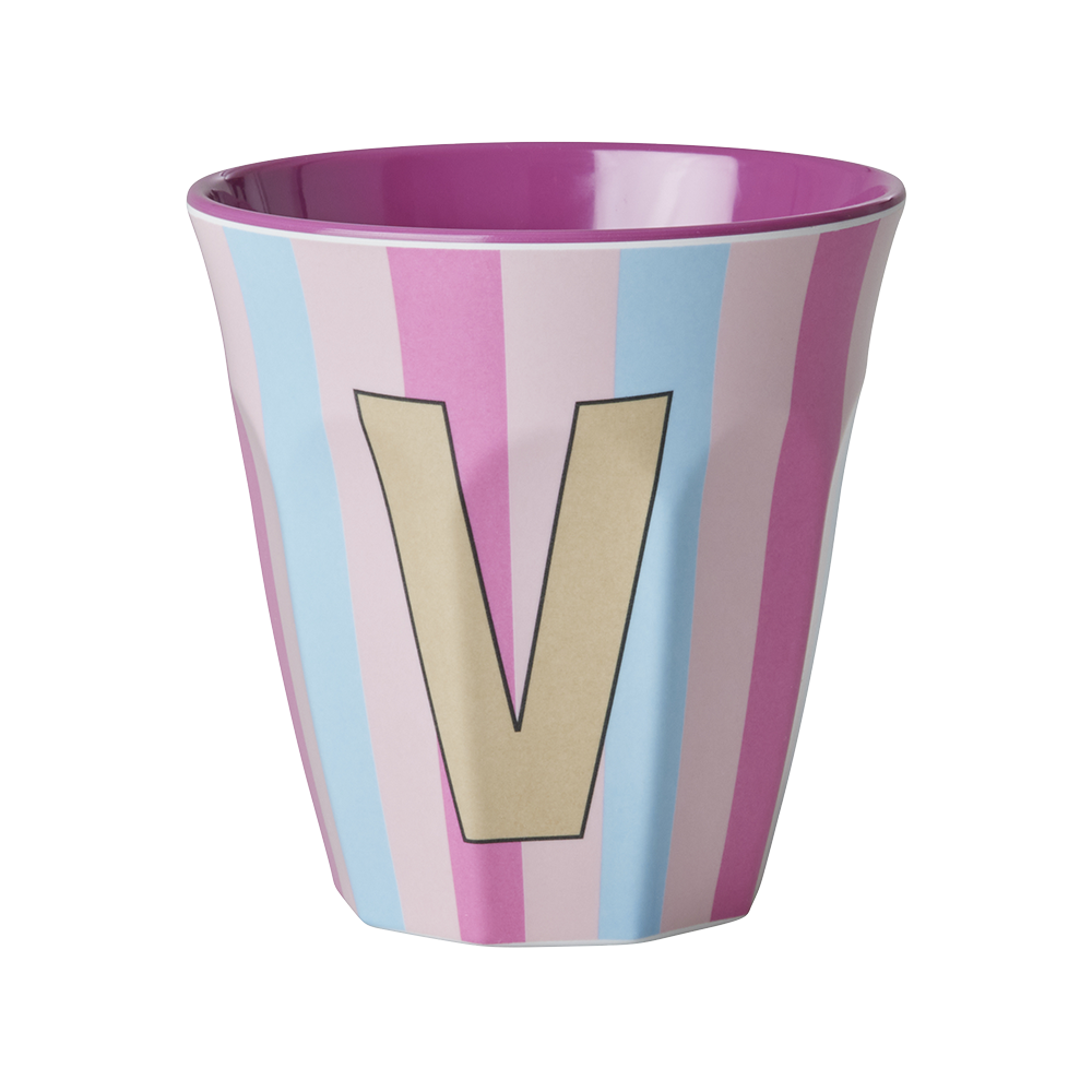 Rice  Melamin Becher Mittel 'Buchstabe V' Multicolor Stripes Pink - Online MY SNOWFLAKE