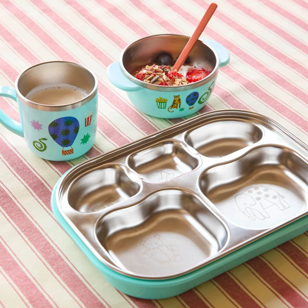 Rice Kinderteller aus Edelstahl mit 5 Fächer und Abdeckung 'Fun Fair' Silber/Mint