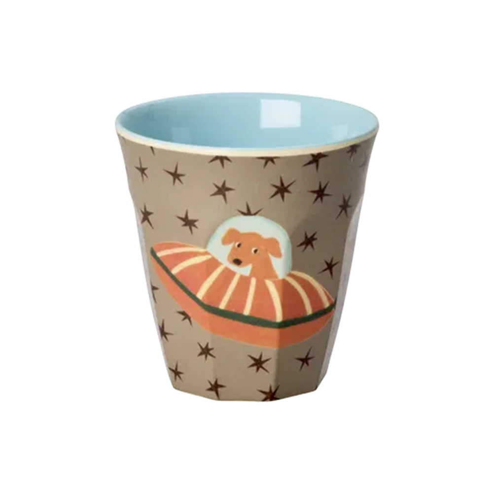 Rice Melamine Small Cup 'Dogs in Space' Dog in Orange Spaceship