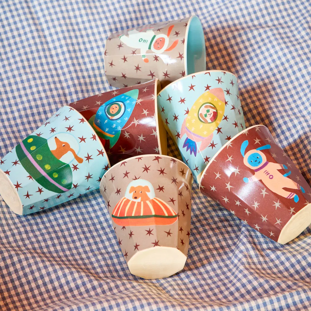 Rice Melamine Small Cup 'Dogs in Space' Dog in Orange Spaceship