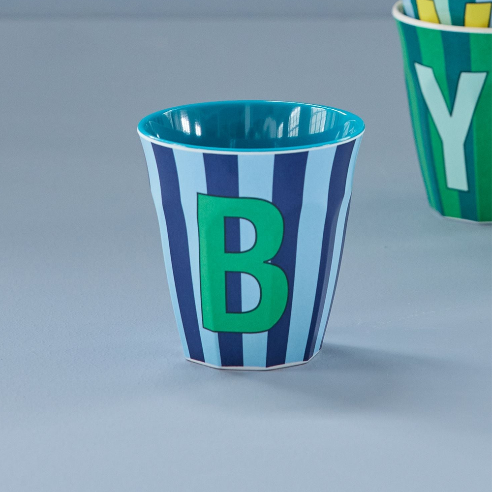 Rice Melamine Cup Medium 'Letter B' Multicolor Stripes Blue