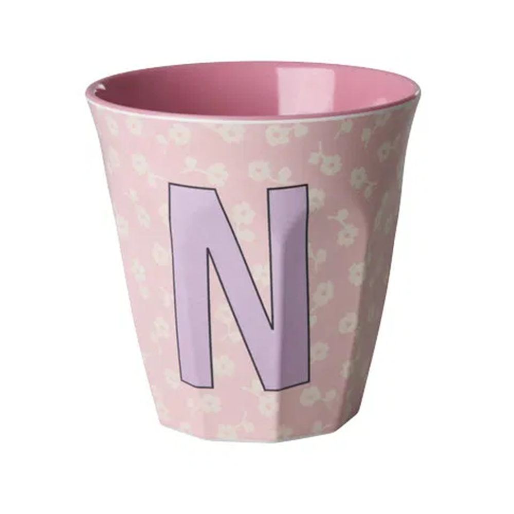 Rice Melamine Medium Cup 'Letter N' Flowers Soft Pink