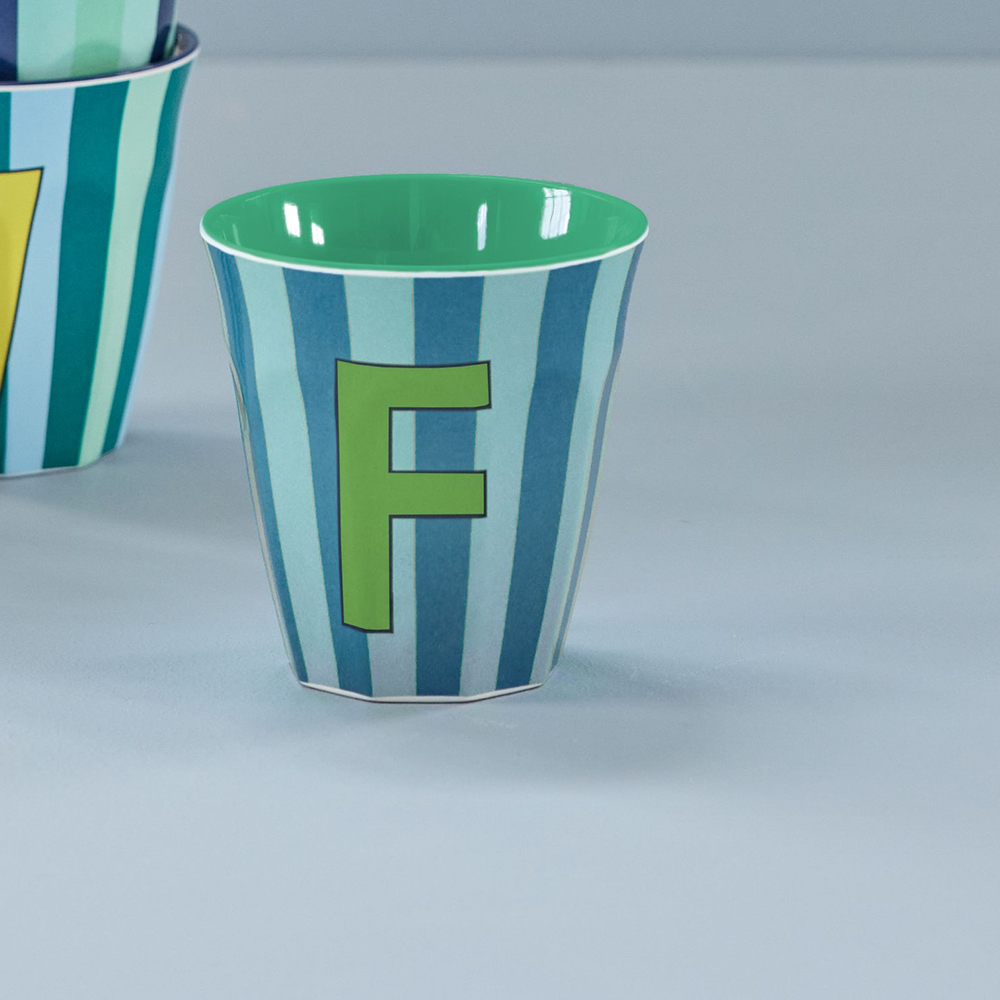Rice Melamine Cup Medium 'Letter F' Multicolor Stripes Green