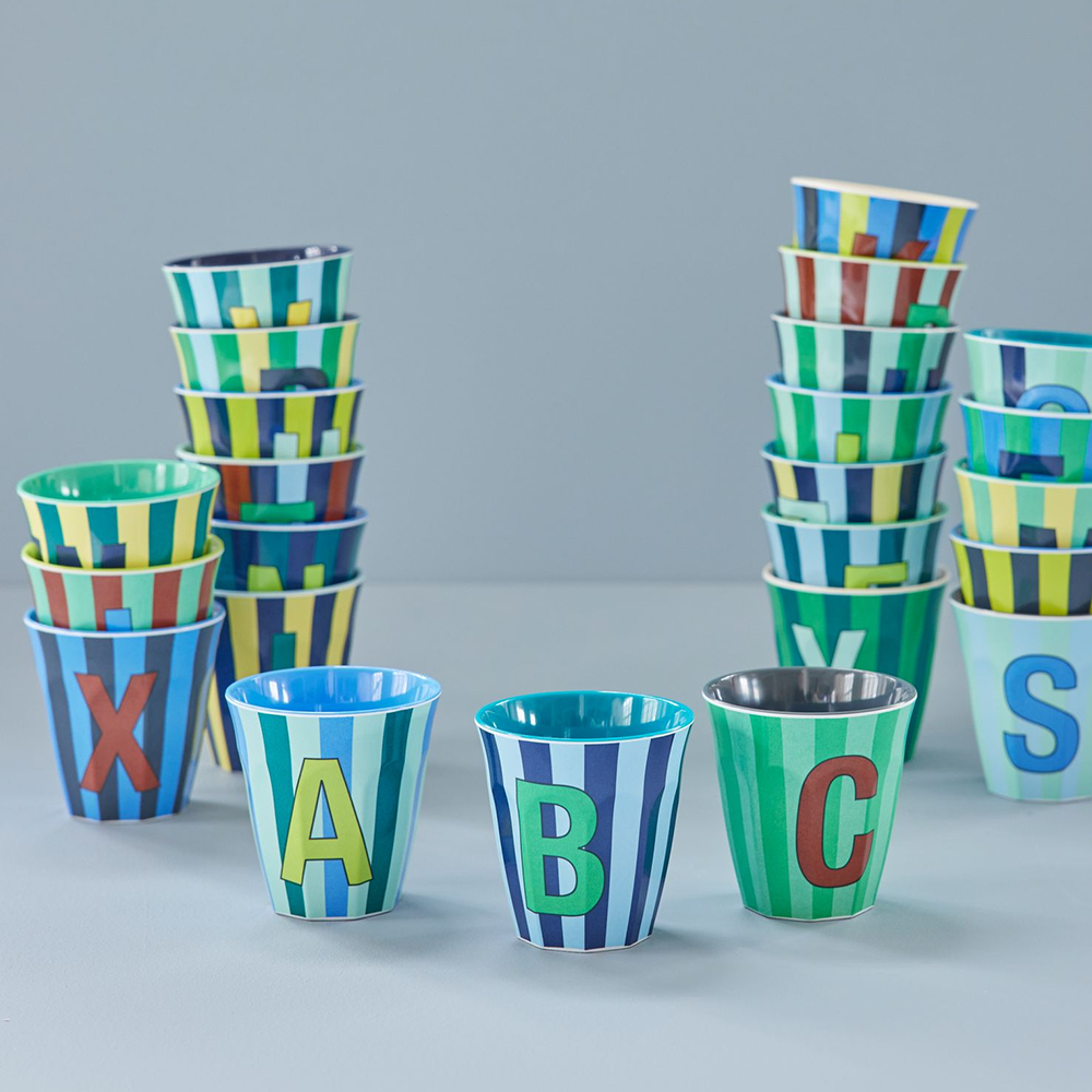 Rice Melamine Cup Medium 'Letter F' Multicolor Stripes Green