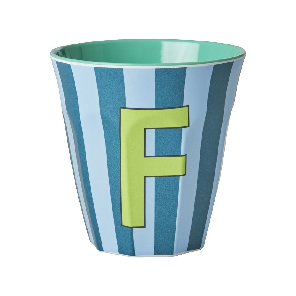 Rice Melamine Cup Medium 'Letter F' Multicolor Stripes Green