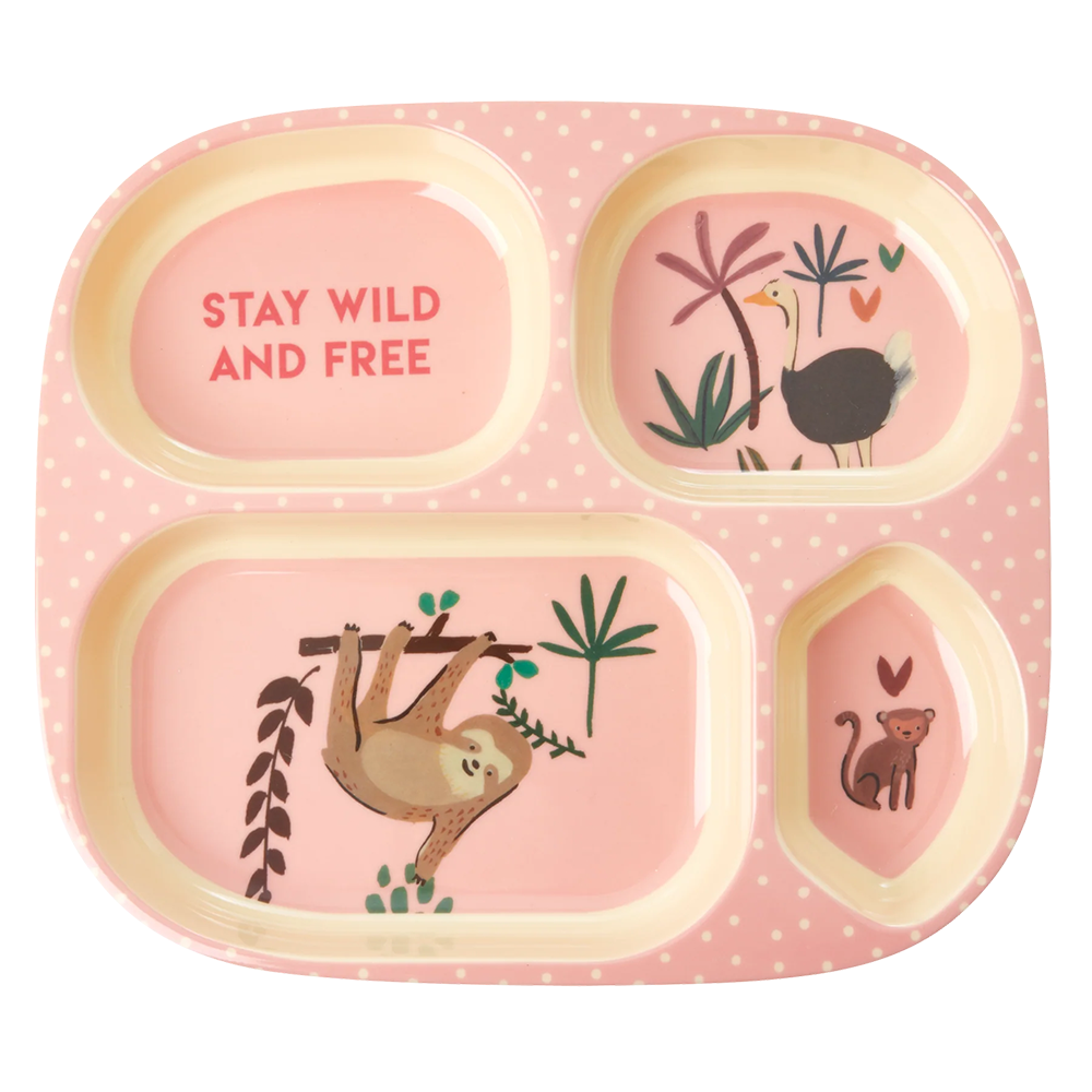 Rice Melamin Kinderteller mit 4 Fächer &#39;Jungle&#39; Soft Pink
