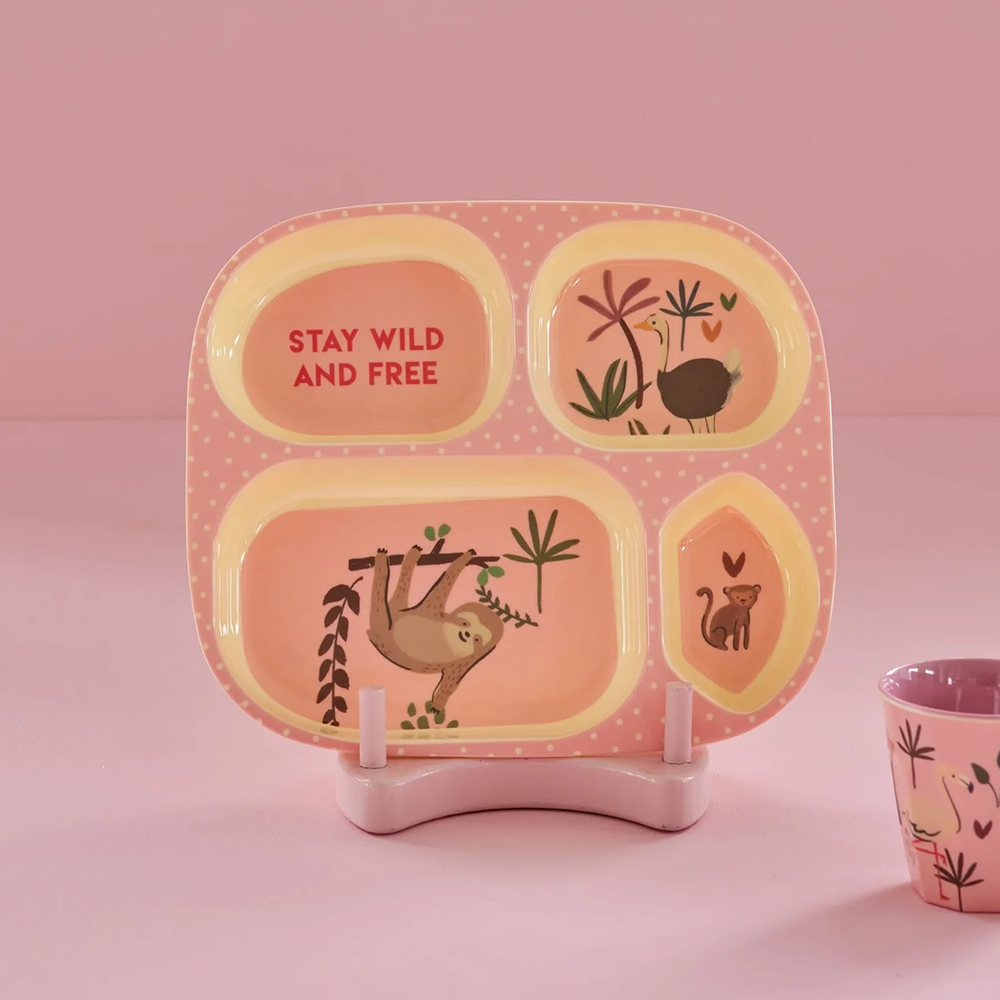 Rice Melamin Kinderteller mit 4 Fächer &#39;Jungle&#39; Soft Pink