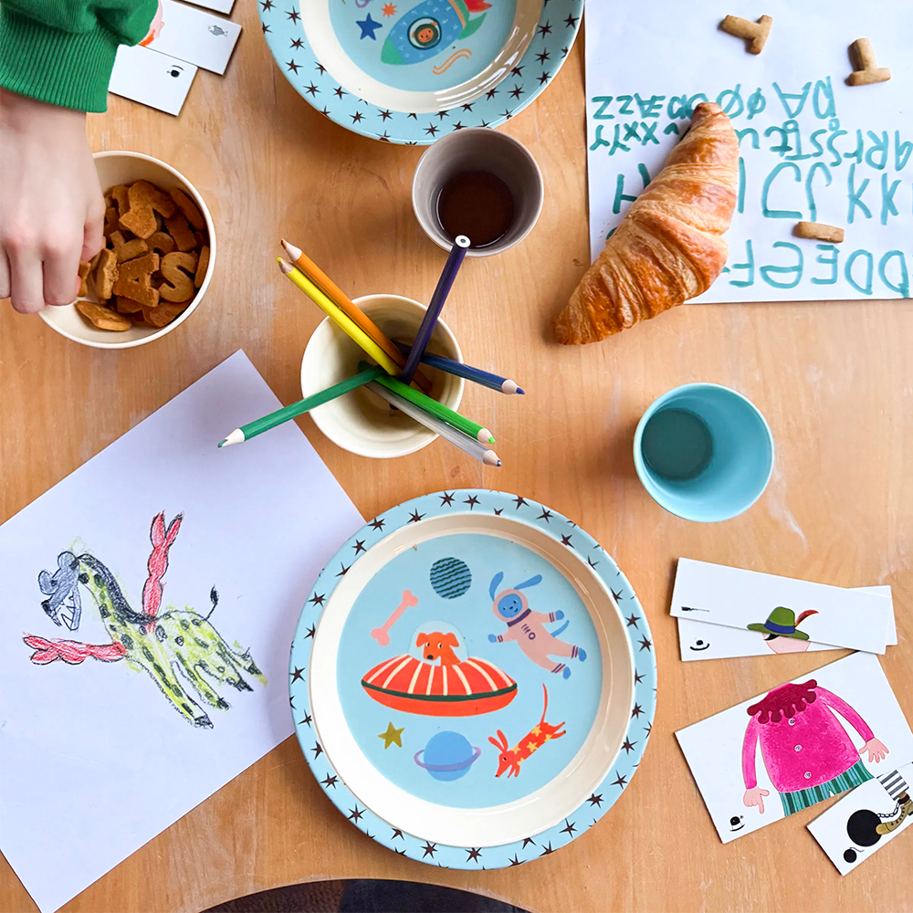 Rice Melamine Kids Plate 'Dogs in Space'