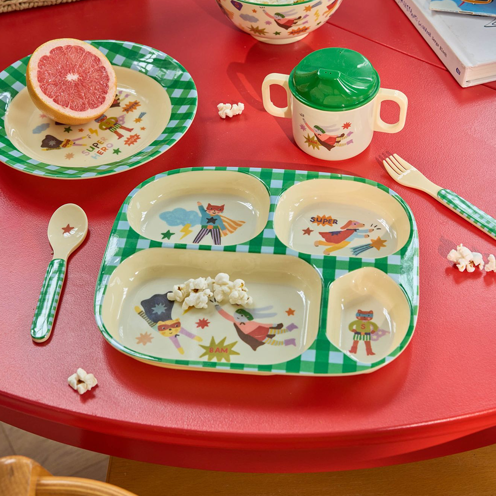Rice Melamin Kinderteller mit 4 Fächer 'Hero' Green