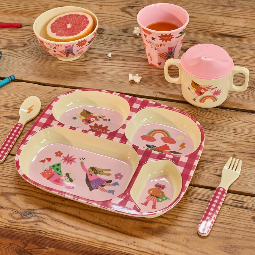 Rice Melamin Kinderteller mit 4 Fächer 'Hero' Pink - Online MY SNOWFLAKE