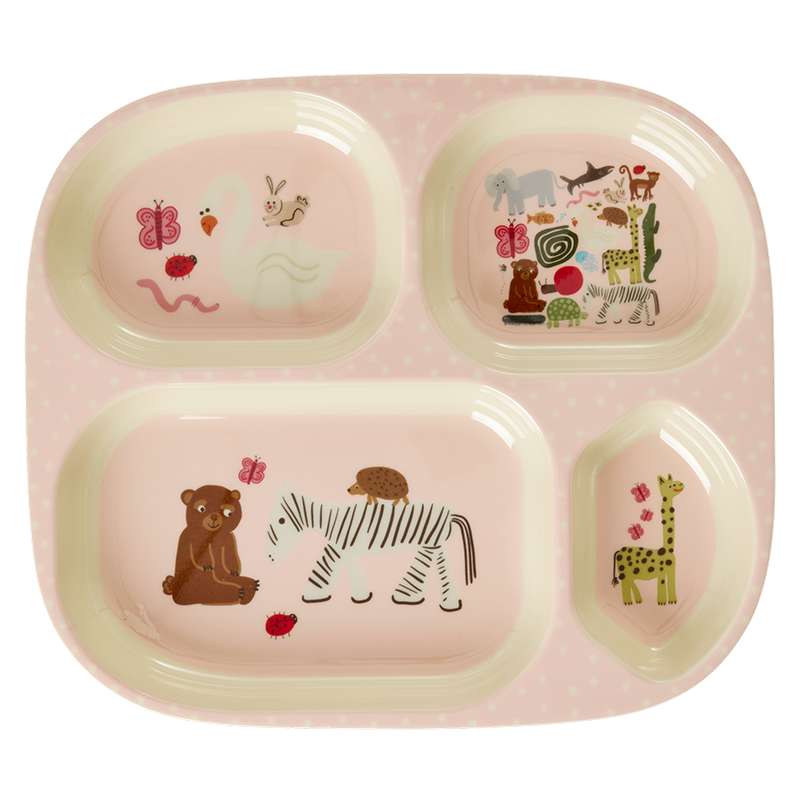 Rice Melamin Kinderteller mit 4 Fächer &#39;Happy Wildlife&#39; Pink