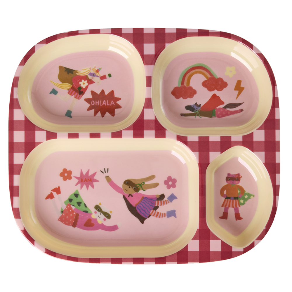 Rice Melamin Kinderteller mit 4 Fächer 'Hero' Pink - Online MY SNOWFLAKE