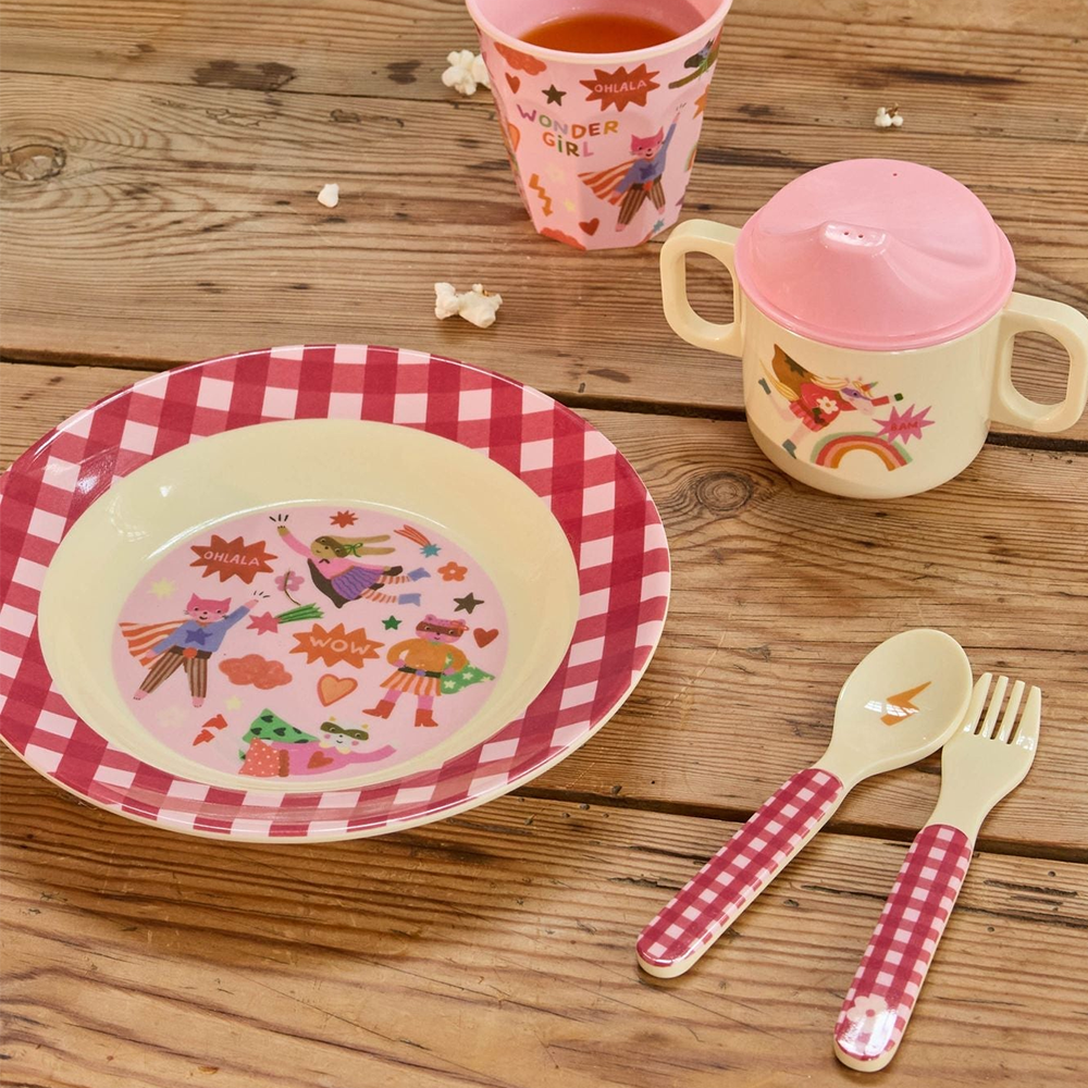 Rice Melamine Kids Deep Plate 'Hero' Pink