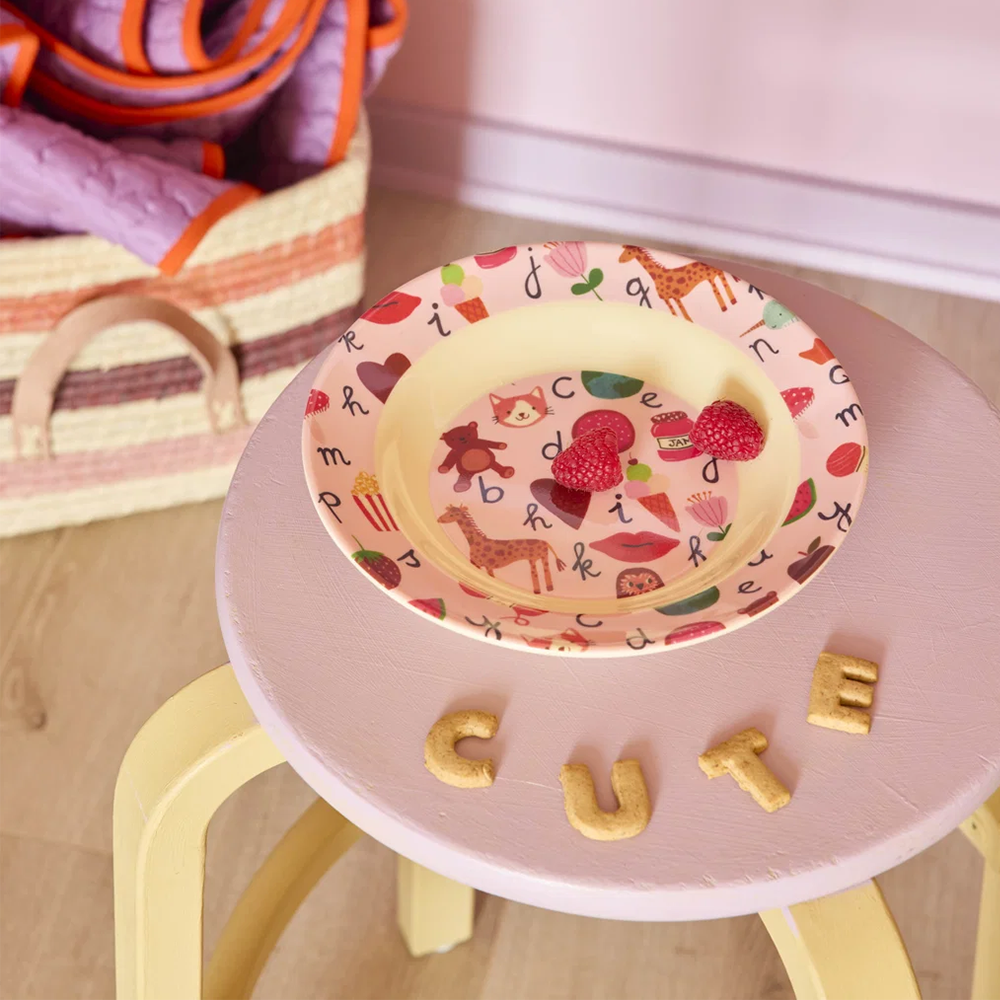 Rice Melamin Kinderteller tief 'ABC' Pink