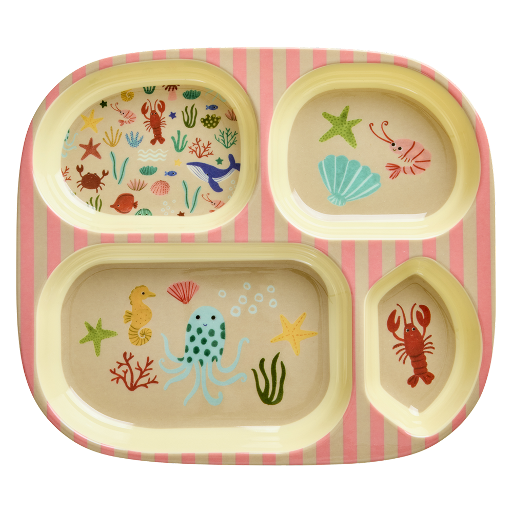 Rice Melamine Kids' Plate with 4 Sections 'Ocean' Coral