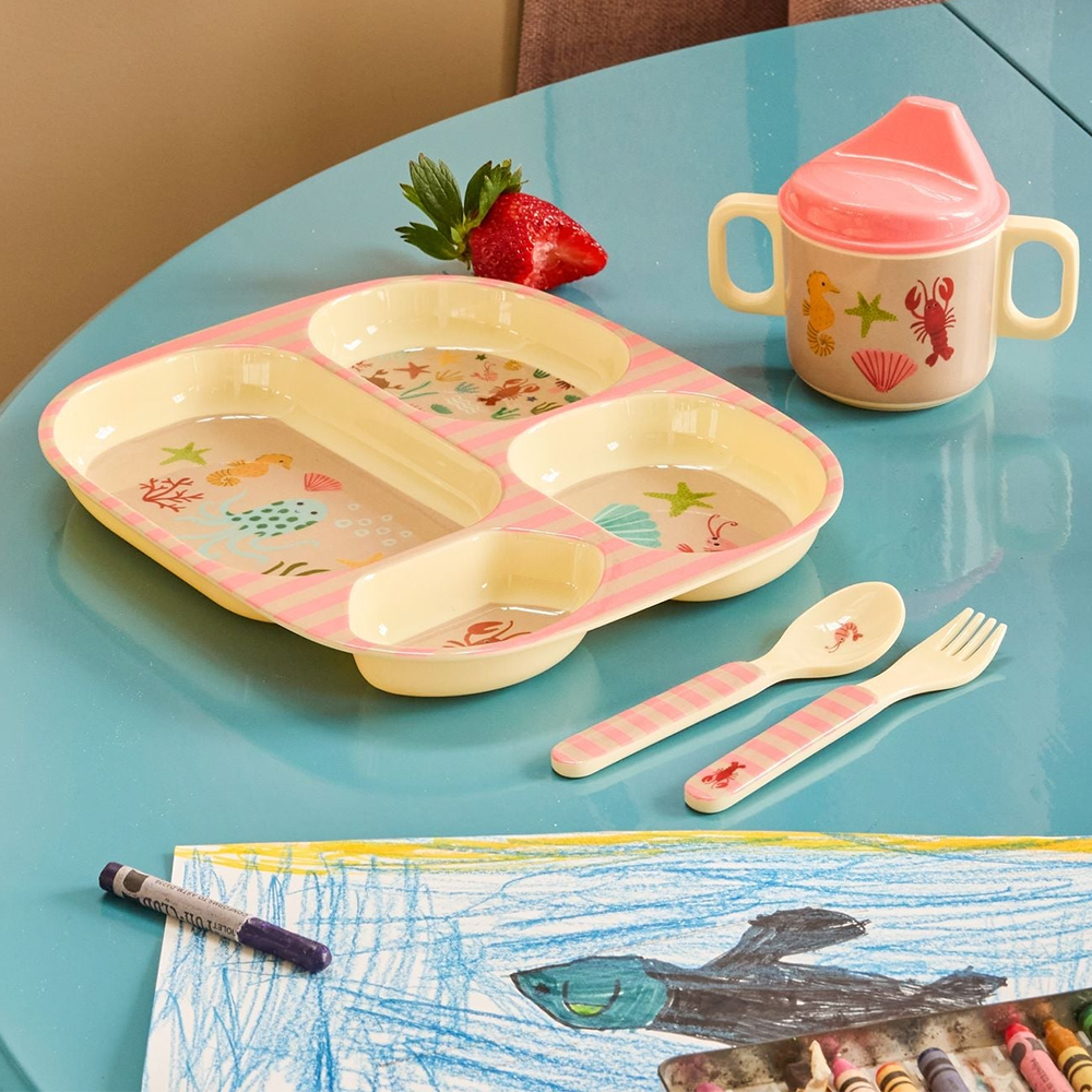 Rice Melamine Kids' Plate with 4 Sections 'Ocean' Coral