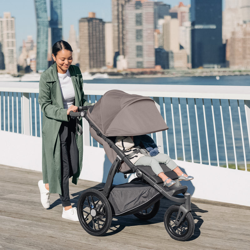 Mutter spaziert mit Kind im Uppababy Ridge Theo an einem Ufer bei einer Stadt