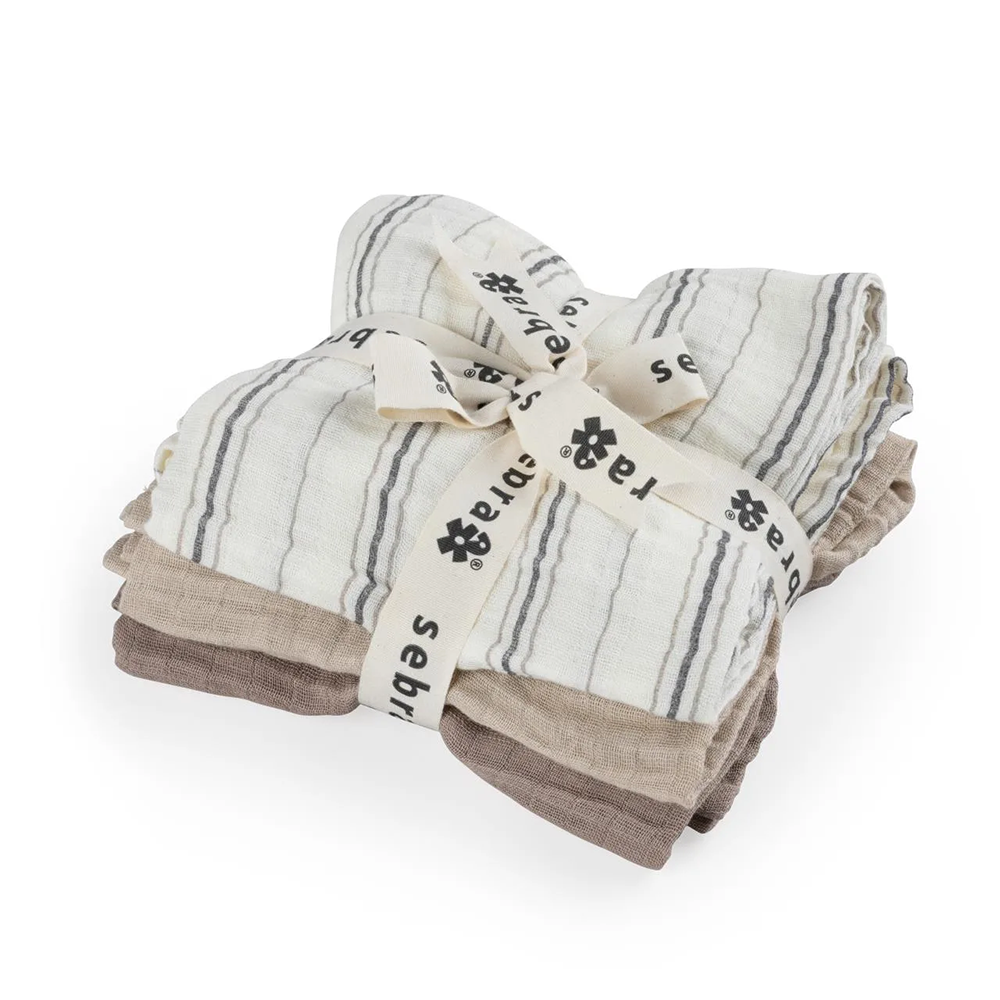 Sebra Muslin Burp Cloth 3-Pack Cream Stripe, Beige