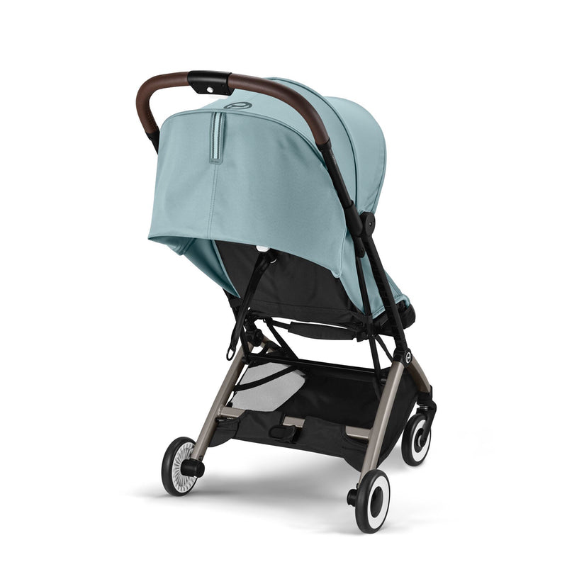 Cybex Orfeo in Stormy Blue, silbernes Gestell und Brauner Griff von hinten