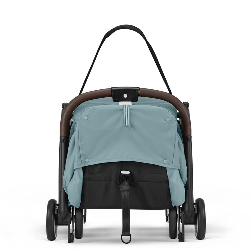 Cybex Orfeo in Stormy Blue, silbernes Gestell und Brauner Griff gefaltet 