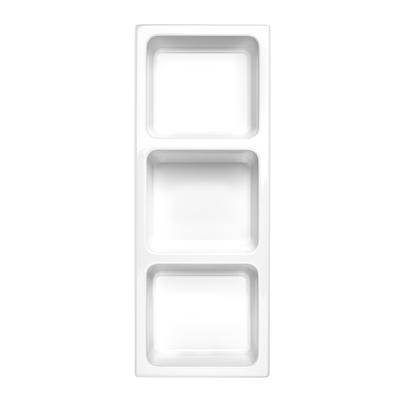 Aufbewahrungseinsatz mit drei einzelnen Einsätzen in Weiss von oben. 