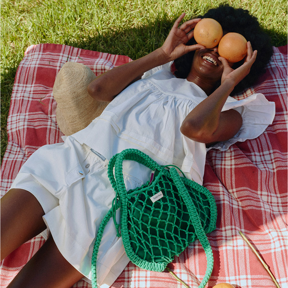 Studio Noos Macramé Handtasche mit wendbarer Innentasche in Lila-Grün 'Mini Bag' Green