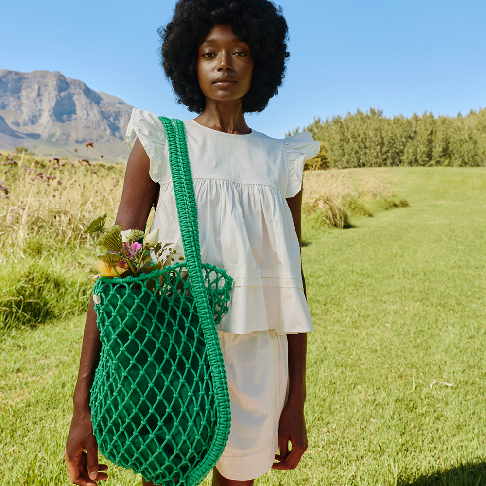 Studio Noos Macramé Tragetasche mit wendbarer Innentasche in Lila-Grün 'Mom Bag' Green