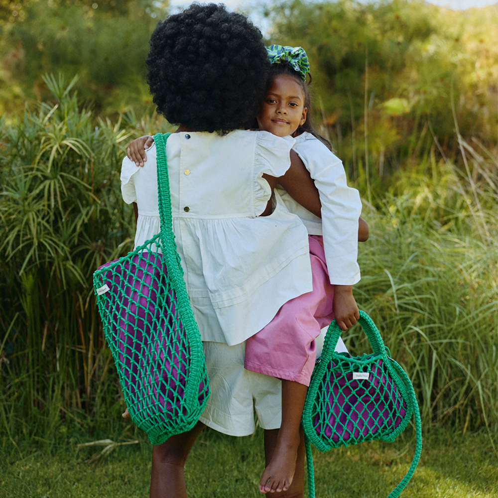 Studio Noos Macramé Tragetasche mit wendbarer Innentasche in Lila-Grün 'Mom Bag' Green