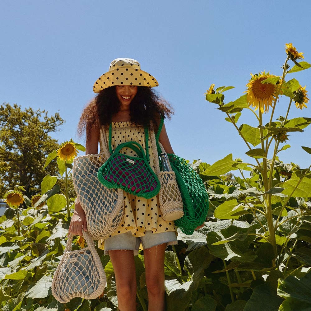 Studio Noos Macramé Tragetasche mit wendbarer Innentasche in Lila-Grün 'Mom Bag' Green