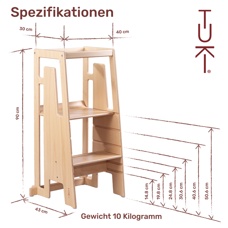 Massen und Spezifikationen des Tuki Lernturm Natur aus Buchenholz.
