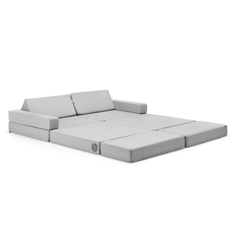 Wonderwuzz Gästebettmodul für das Spielsofa &#39;OH SO SOFY&#39; in der Farbe Grauffelo ausgebreitet als Doppelbett.