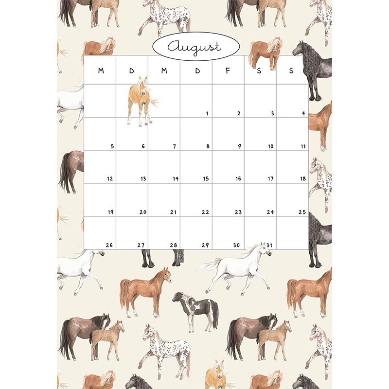 Povalala Jahreskalender 2024 mit schönen Illustrationen zu Natur und Tieren Monat August. 