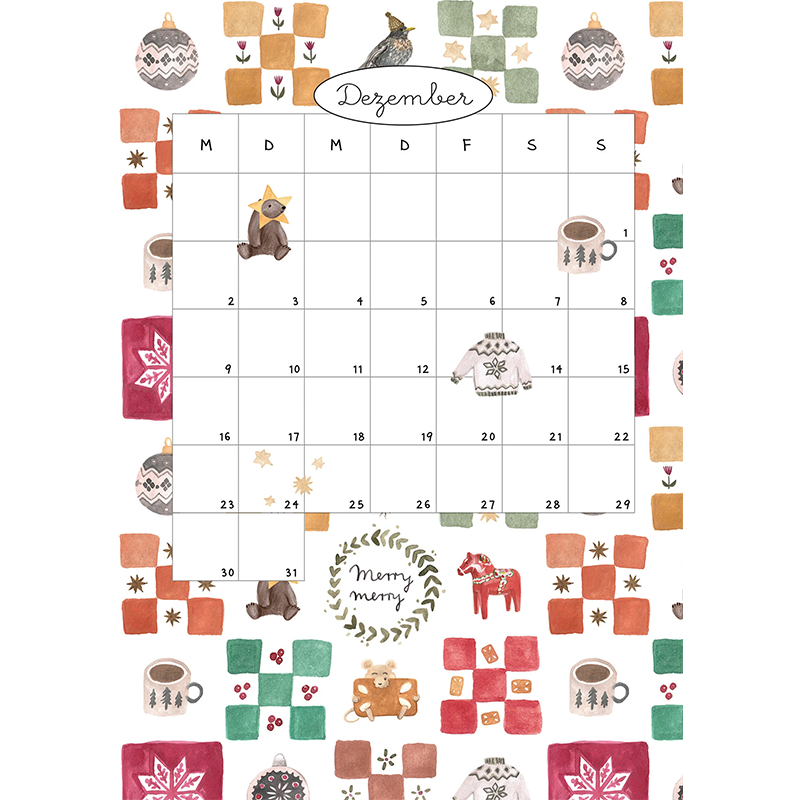 Povalala Jahreskalender 2024 mit schönen Illustrationen zu Natur und Tieren Monat Dezember.